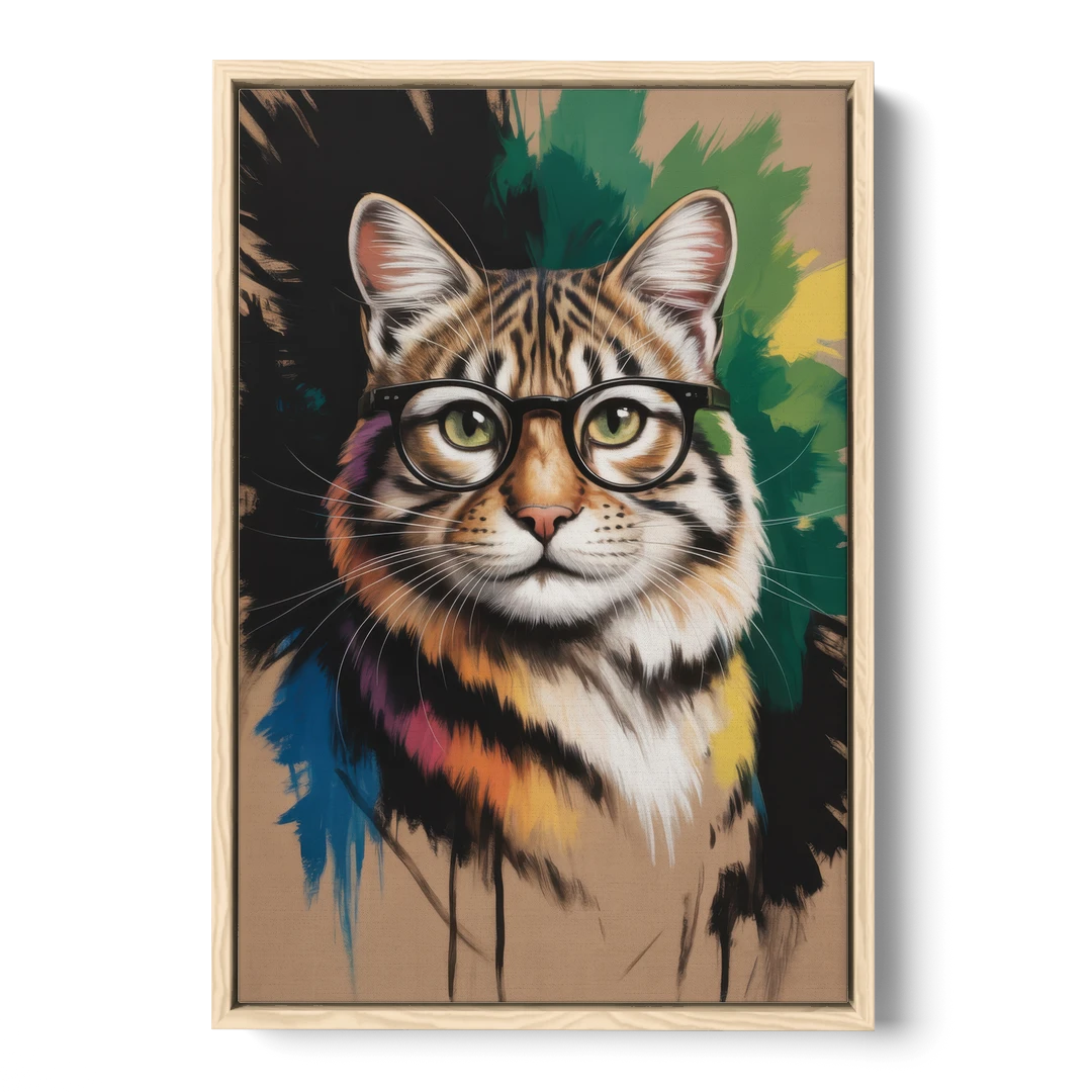 Artistic Cat with Glasses - Oak Framed Canvas Wall Art - Front