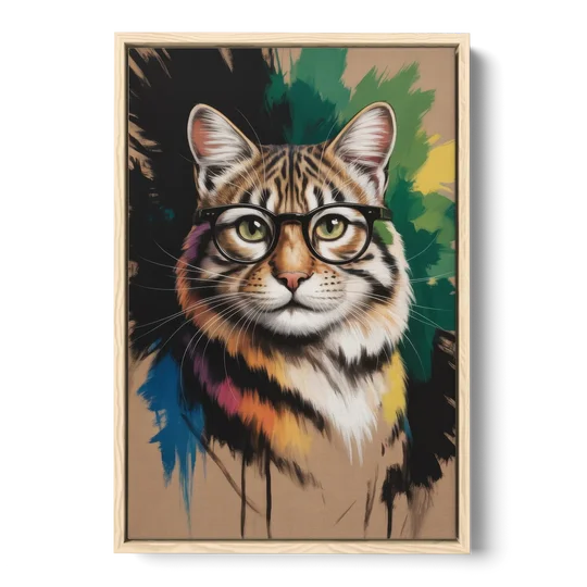 Artistic Cat with Glasses - Oak Framed Canvas Wall Art - Front