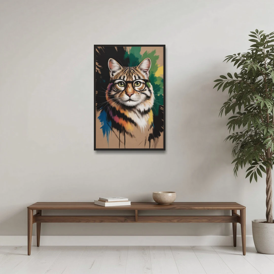 Artistic Cat with Glasses - Black Framed Canvas Wall Art - Coffee Table - 24x36