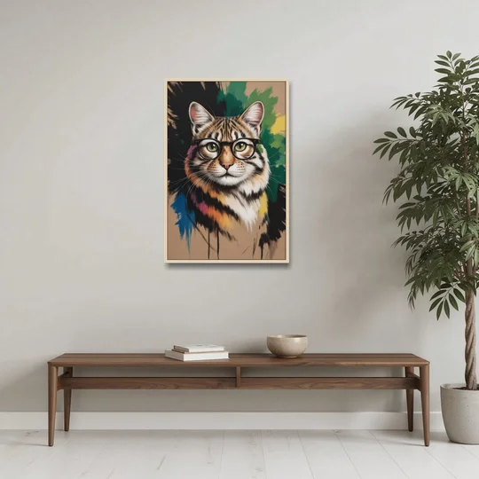 Artistic Cat with Glasses - Oak Framed Canvas Wall Art - Coffee Table - 24x36