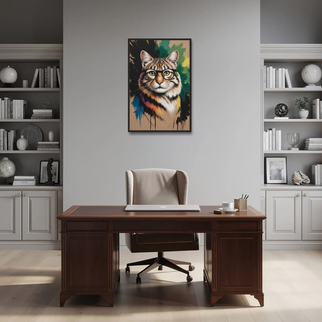 Artistic Cat with Glasses - Black Framed Canvas Wall Art - Office - 24x36