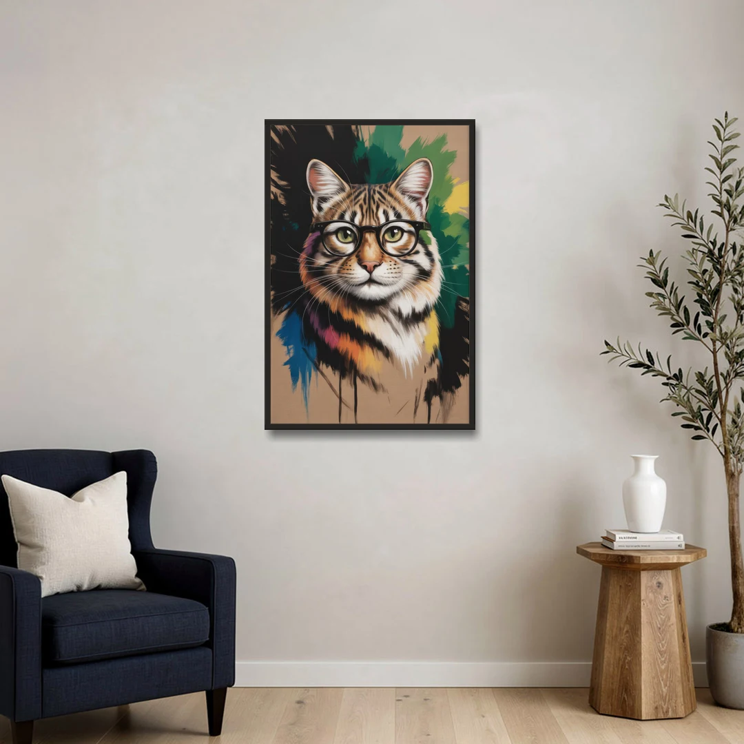 Artistic Cat with Glasses - Black Framed Canvas Wall Art - Sofa - 24x36