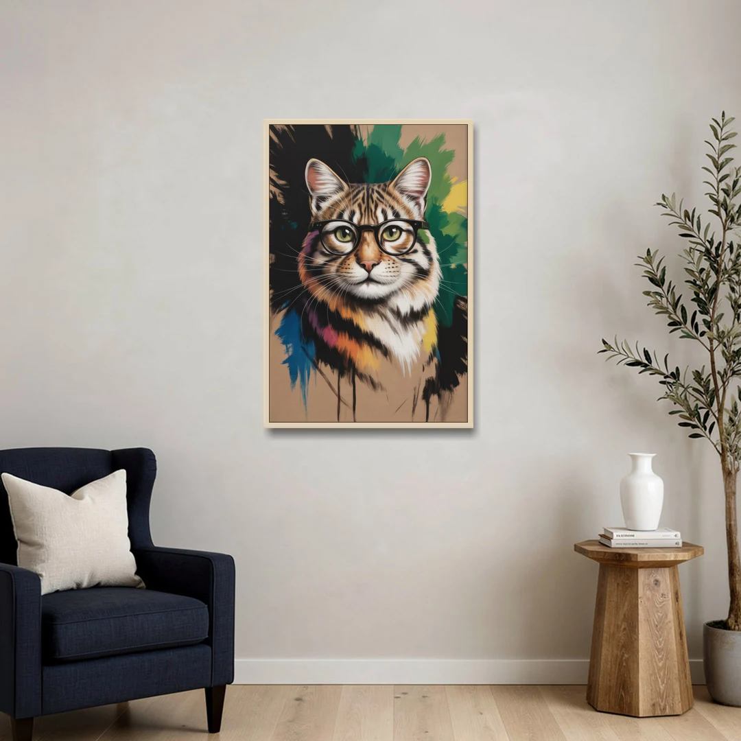Artistic Cat with Glasses - Oak Framed Canvas Wall Art - Sofa - 24x36