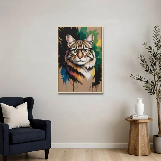 Artistic Cat with Glasses - Oak Framed Canvas Wall Art - Sofa - 24x36