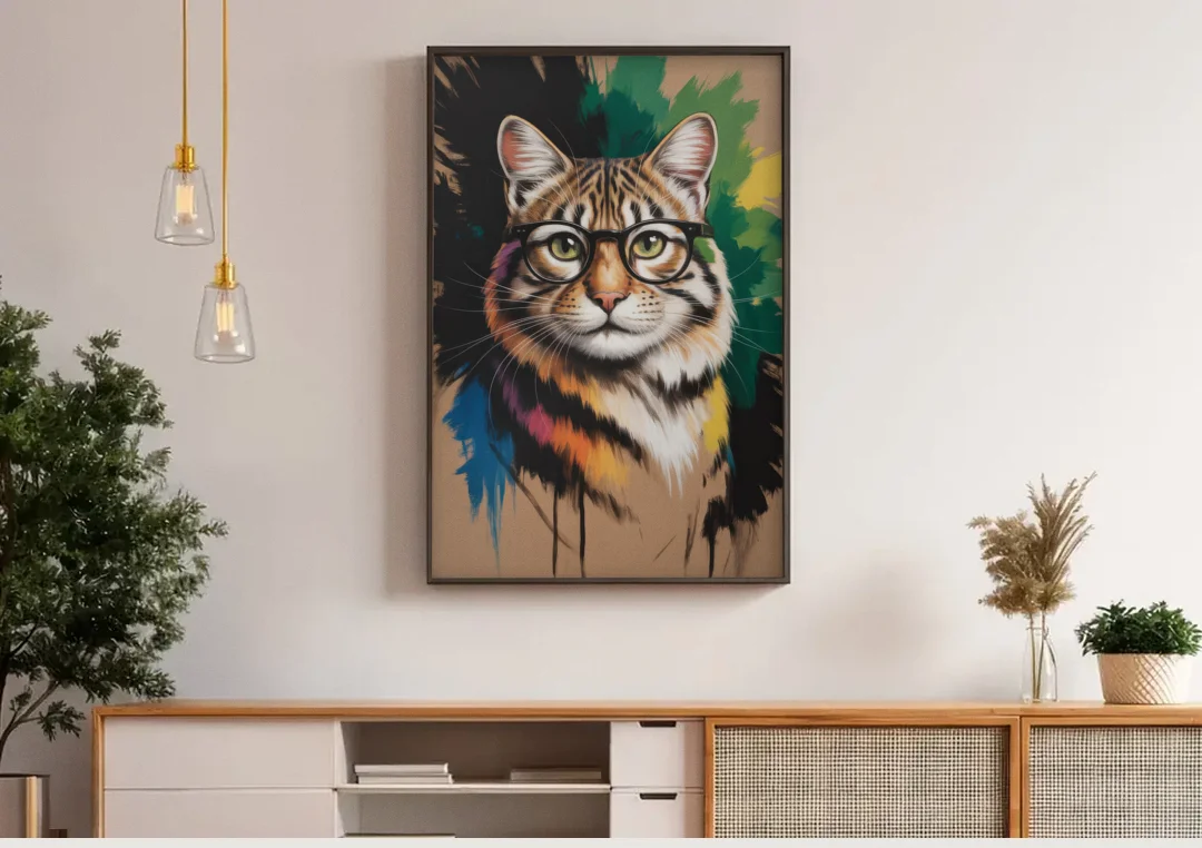 Artistic Cat with Glasses canvas wall art above a wooden sideboard under pendant lights