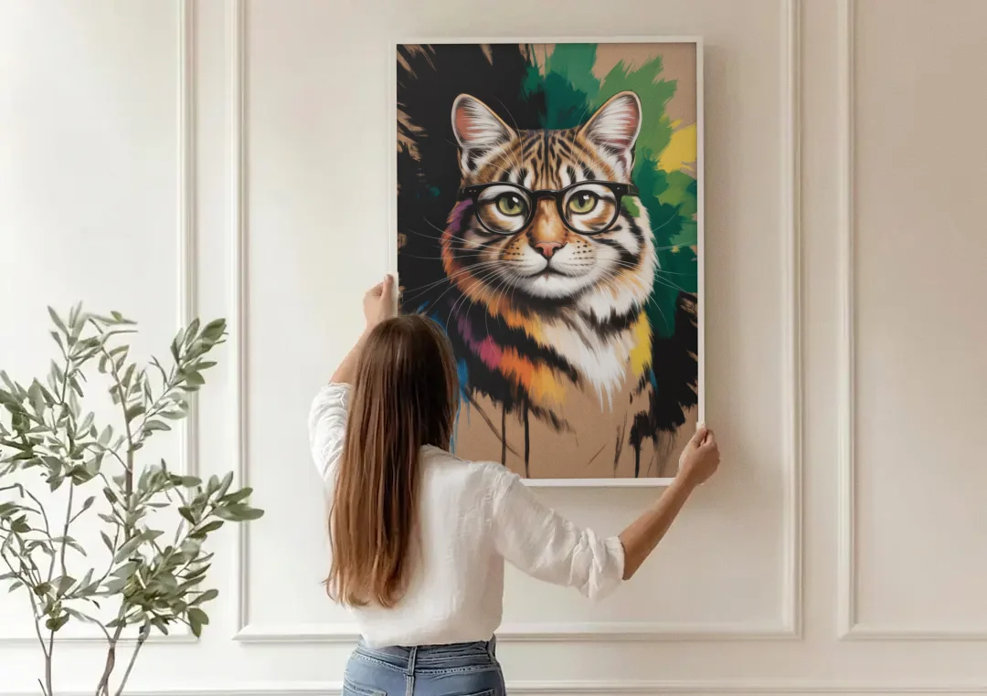 Artistic Cat with Glasses canvas wall art being hung on a paneled wall