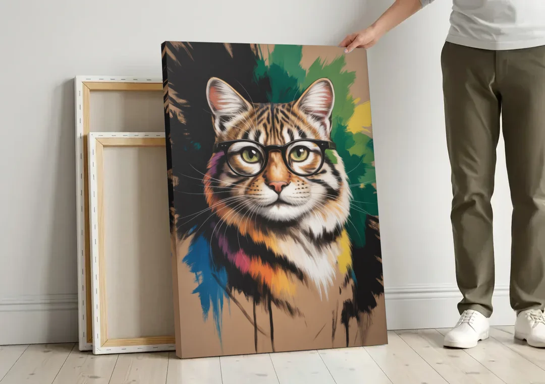 Artistic Cat with Glasses canvas wall art leaning against a wall next to blank canvases
