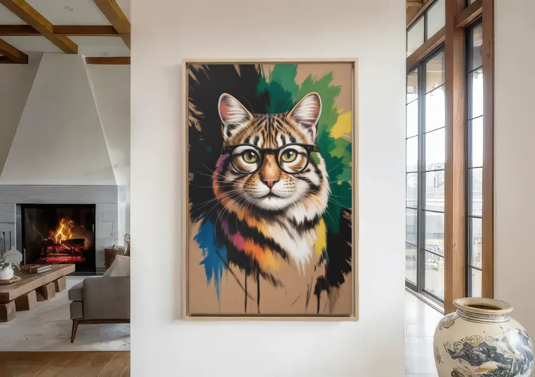 Artistic Cat with Glasses canvas wall art in a living room with a fireplace