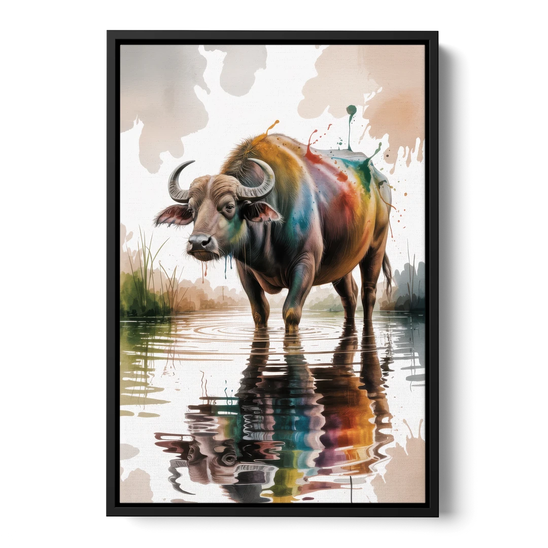 Artistic Water Buffalo in Habitat - Black Framed Canvas Wall Art - Front