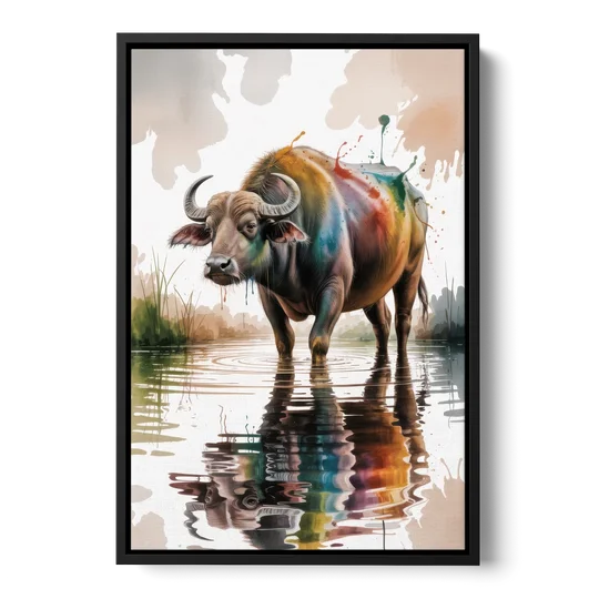 Artistic Water Buffalo in Habitat - Black Framed Canvas Wall Art - Front