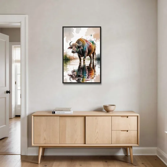 Artistic Water Buffalo in Habitat - Black Framed Canvas Wall Art - Coffee Table - 24x36