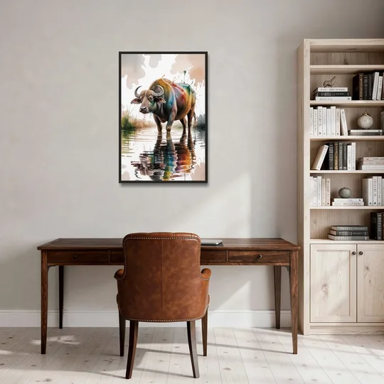 Artistic Water Buffalo in Habitat - Black Framed Canvas Wall Art - Office - 24x36