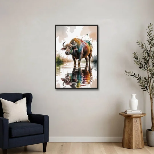 Artistic Water Buffalo in Habitat - Black Framed Canvas Wall Art - Sofa - 24x36