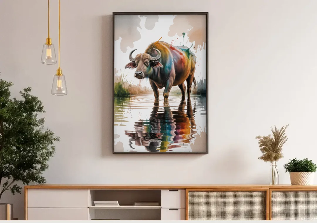 Artistic Water Buffalo in Habitat canvas wall art above a wooden sideboard under pendant lights