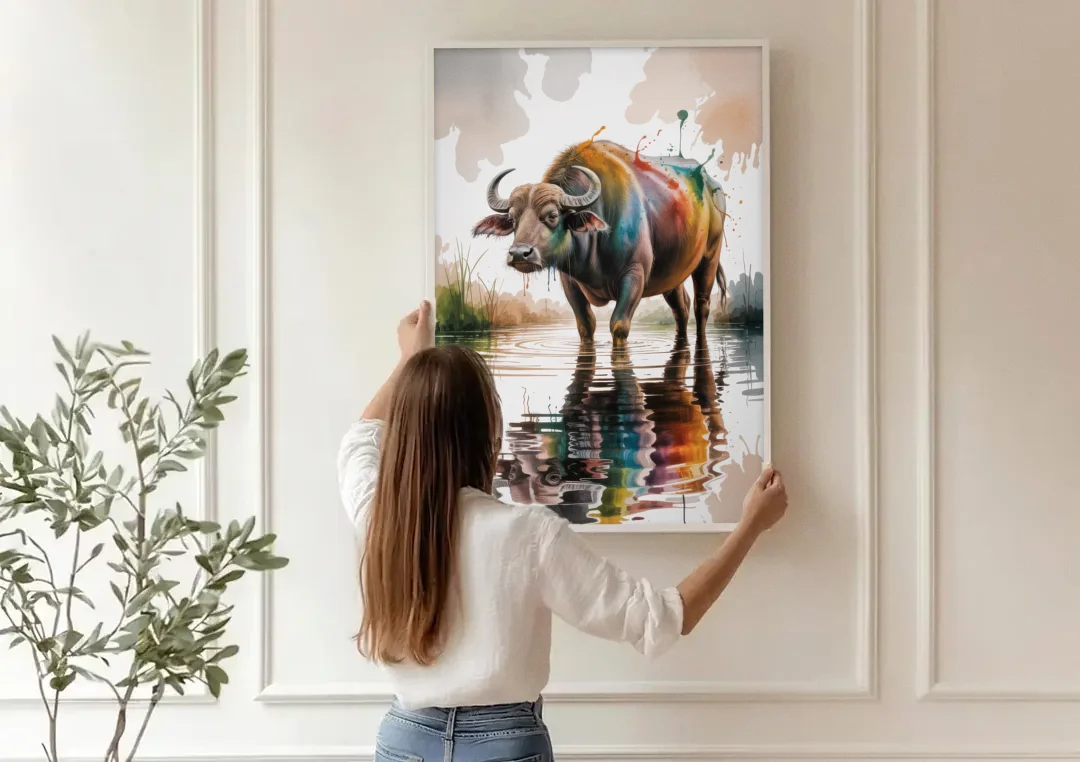 Artistic Water Buffalo in Habitat canvas wall art being hung on a paneled wall