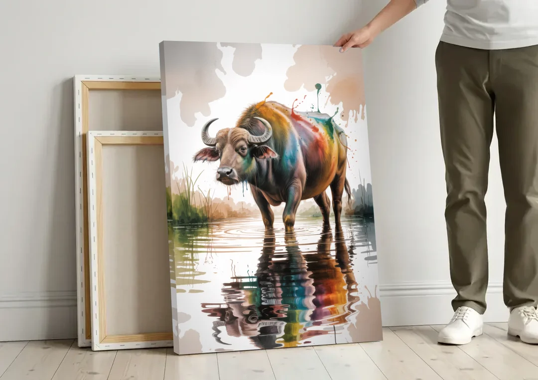 Artistic Water Buffalo in Habitat canvas wall art leaning against a wall next to blank canvases