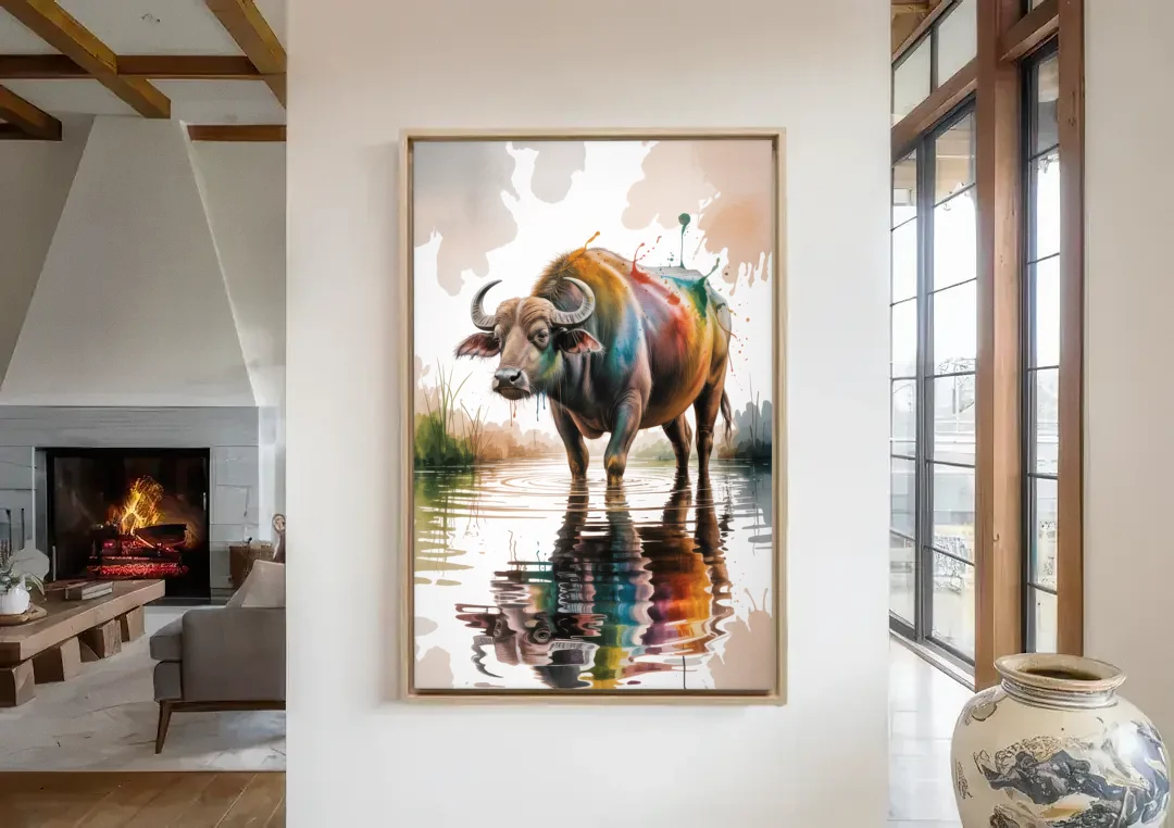 Artistic Water Buffalo in Habitat canvas wall art in a living room with a fireplace