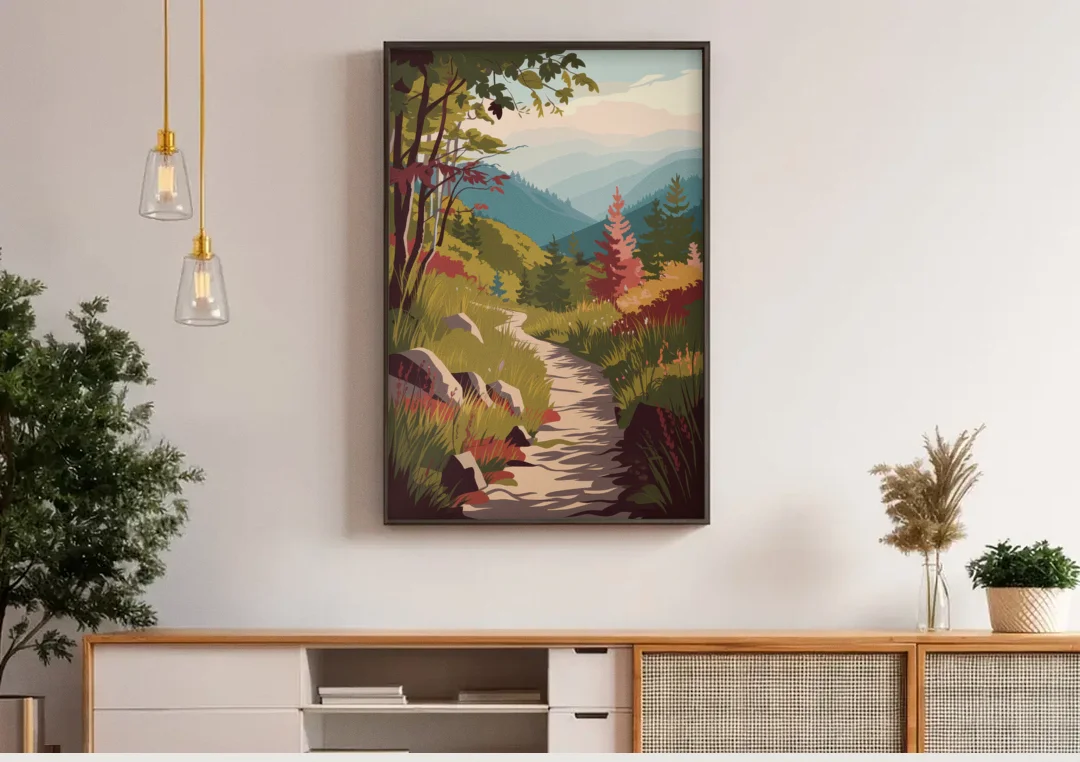 Asheville Appalachian Trail Views canvas wall art above a wooden sideboard under pendant lights