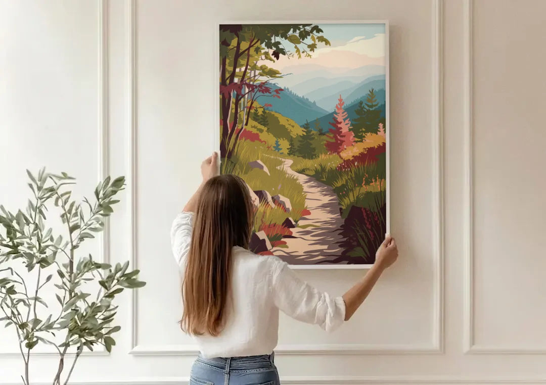 Asheville Appalachian Trail Views canvas wall art being hung on a paneled wall