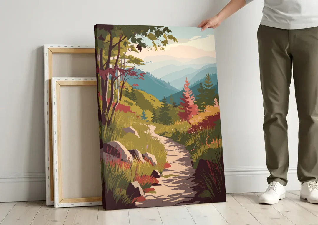 Asheville Appalachian Trail Views canvas wall art leaning against a wall next to blank canvases