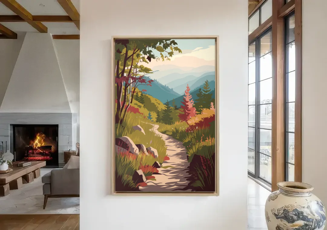 Asheville Appalachian Trail Views canvas wall art in a living room with a fireplace