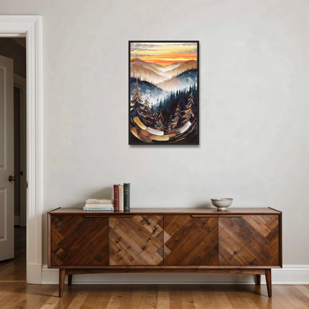 Asheville Blue Ridge Sunset - Black Framed Canvas Wall Art - Coffee Table - 24x36