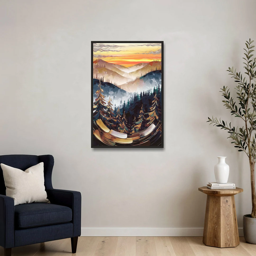 Asheville Blue Ridge Sunset - Black Framed Canvas Wall Art - Sofa - 24x36