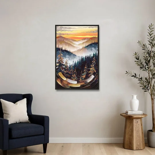 Asheville Blue Ridge Sunset - Black Framed Canvas Wall Art - Sofa - 24x36