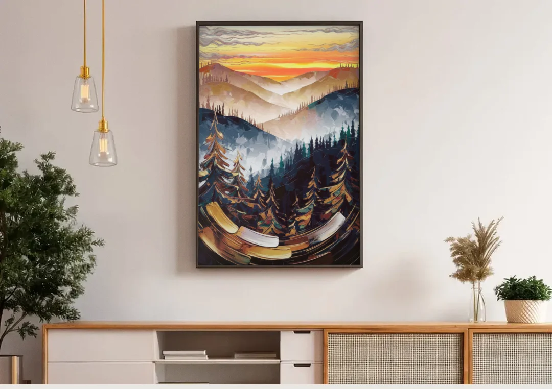 Asheville Blue Ridge Sunset canvas wall art above a wooden sideboard under pendant lights