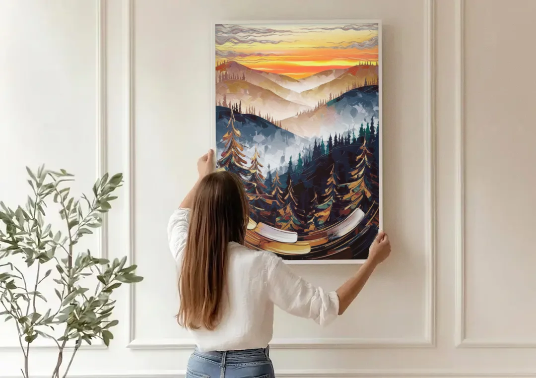 Asheville Blue Ridge Sunset canvas wall art being hung on a paneled wall