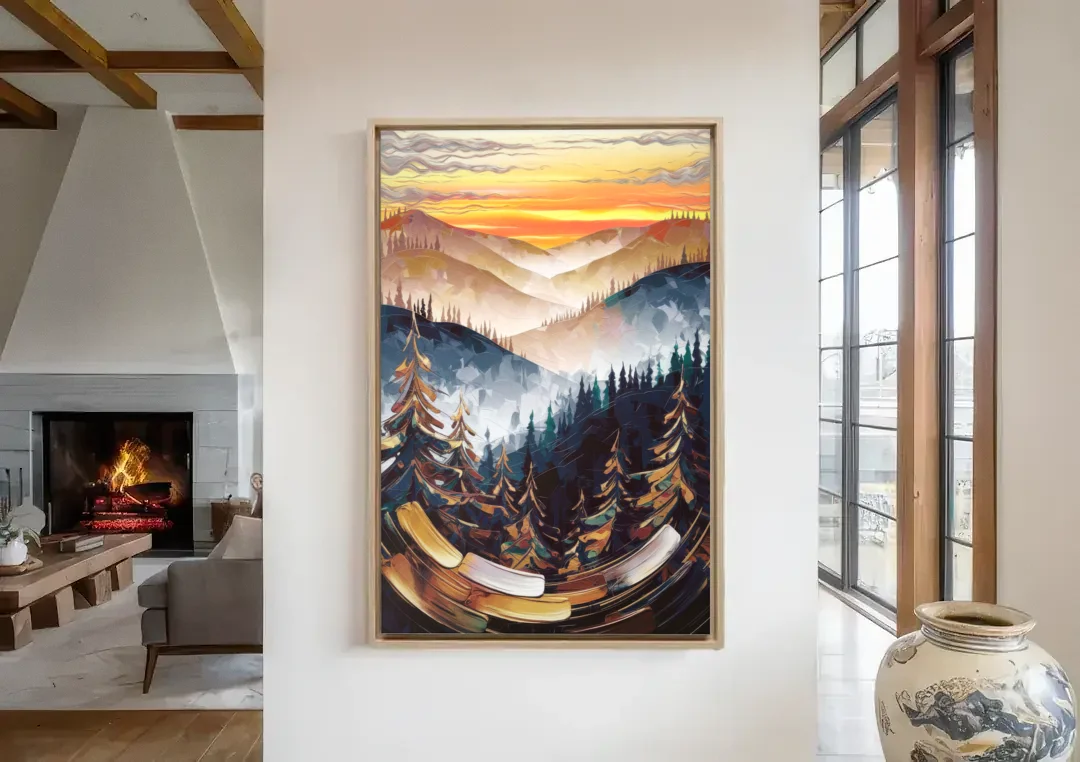 Asheville Blue Ridge Sunset canvas wall art in a living room with a fireplace