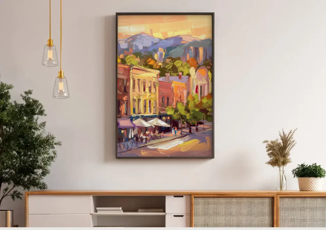 Asheville Downtown Landmarks canvas wall art above a wooden sideboard under pendant lights