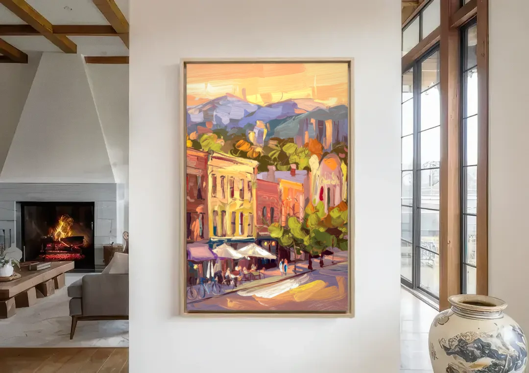 Asheville Downtown Landmarks canvas wall art in a living room with a fireplace