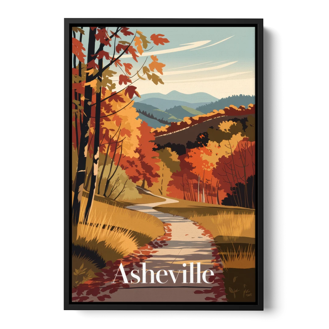 Asheville Fall Foliage Scene - Black Framed Canvas Wall Art - Front