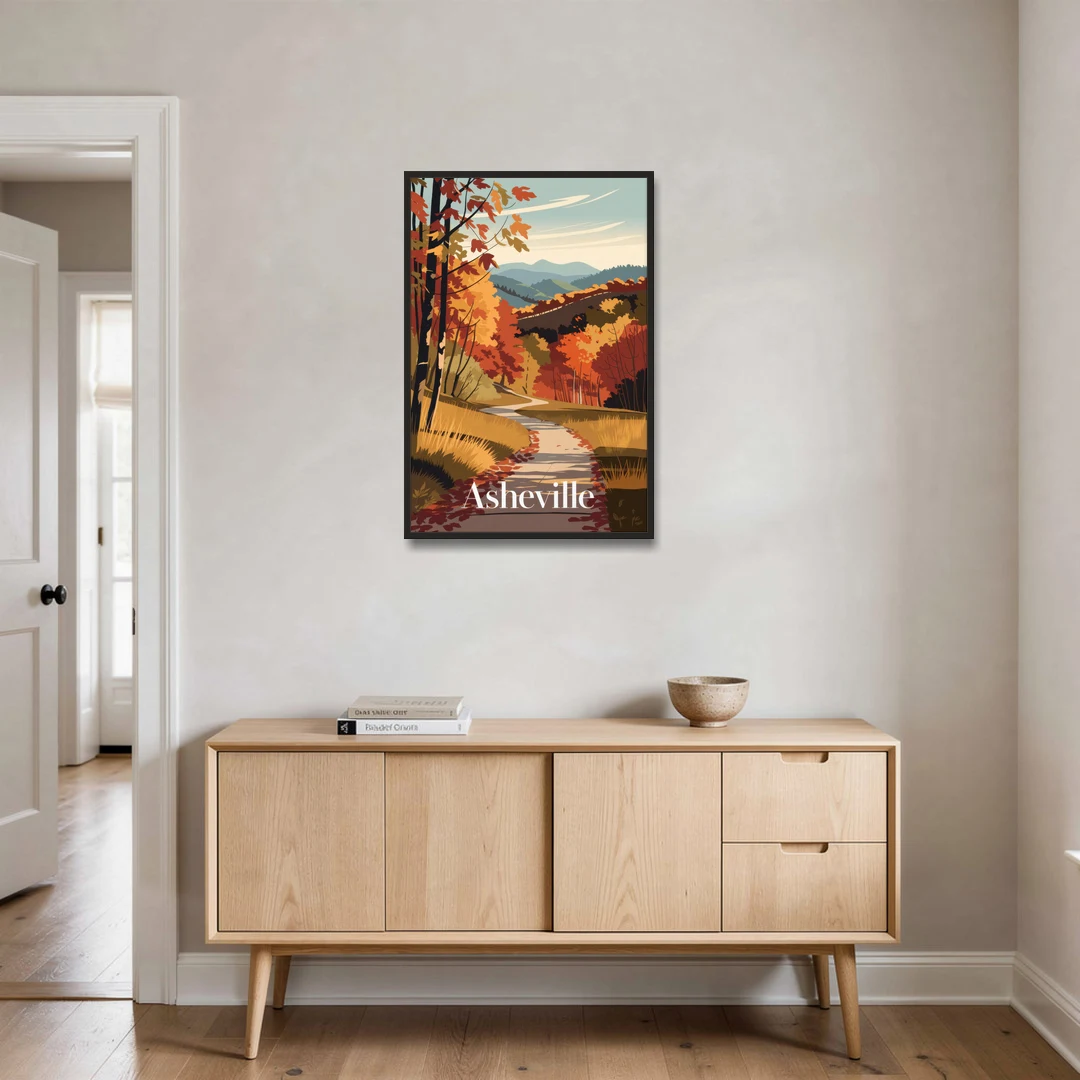 Asheville Fall Foliage Scene - Black Framed Canvas Wall Art - Coffee Table - 24x36