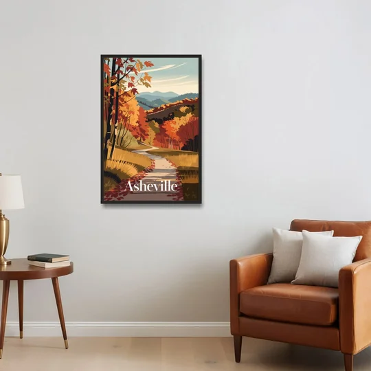 Asheville Fall Foliage Scene - Black Framed Canvas Wall Art - Sofa - 24x36