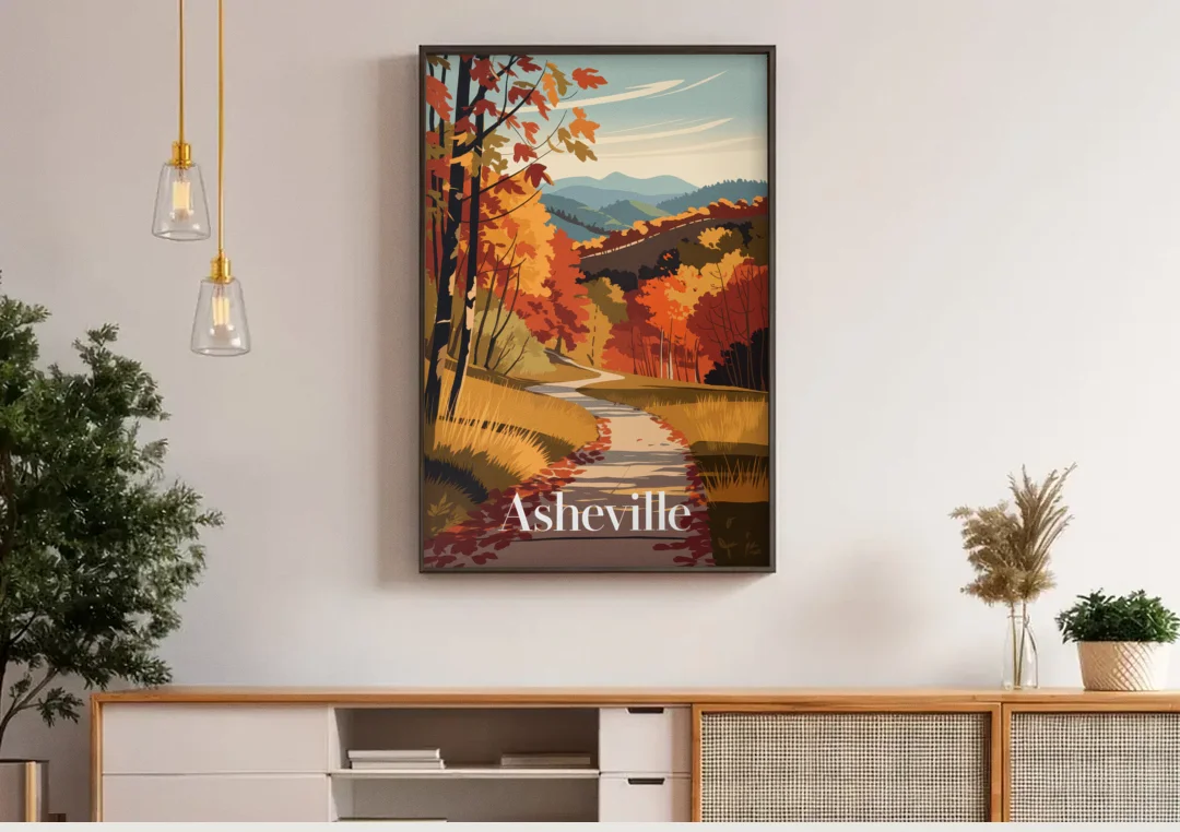 Asheville Fall Foliage Scene canvas wall art above a wooden sideboard under pendant lights