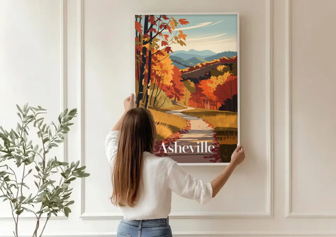 Asheville Fall Foliage Scene canvas wall art being hung on a paneled wall