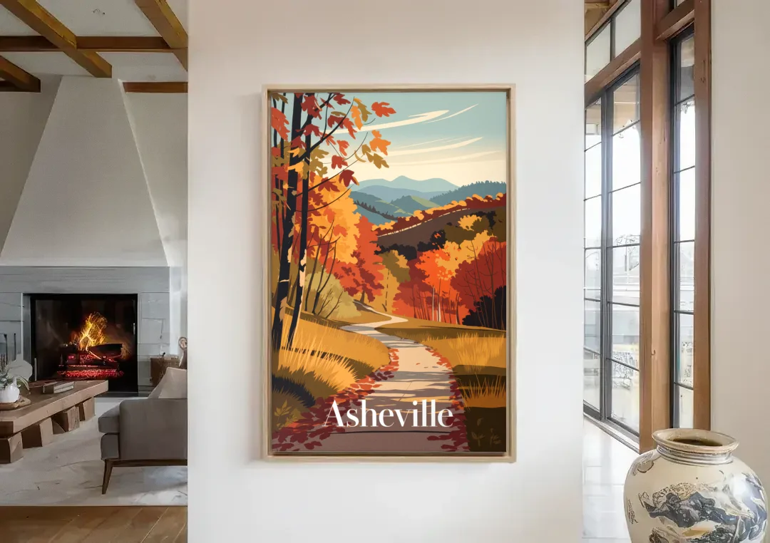 Asheville Fall Foliage Scene canvas wall art in a living room with a fireplace