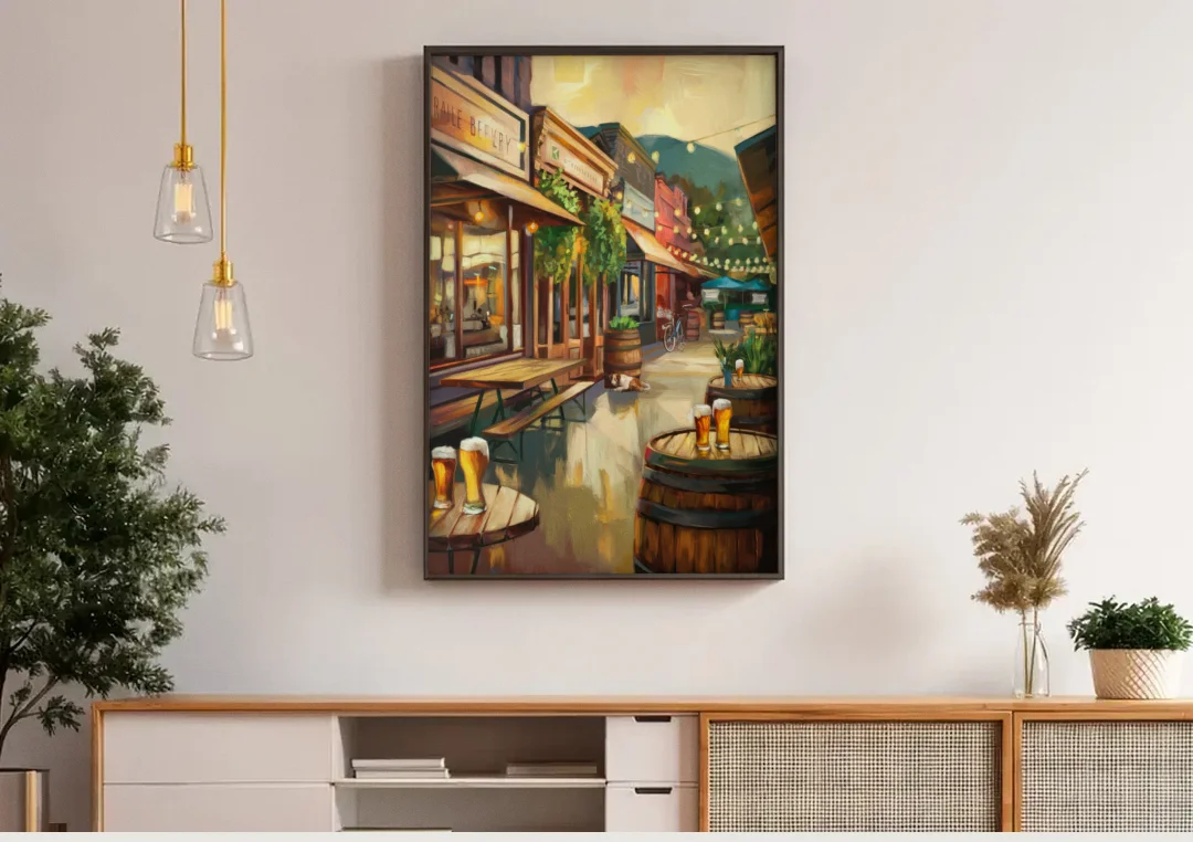 Asheville Local Brewery District canvas wall art above a wooden sideboard under pendant lights