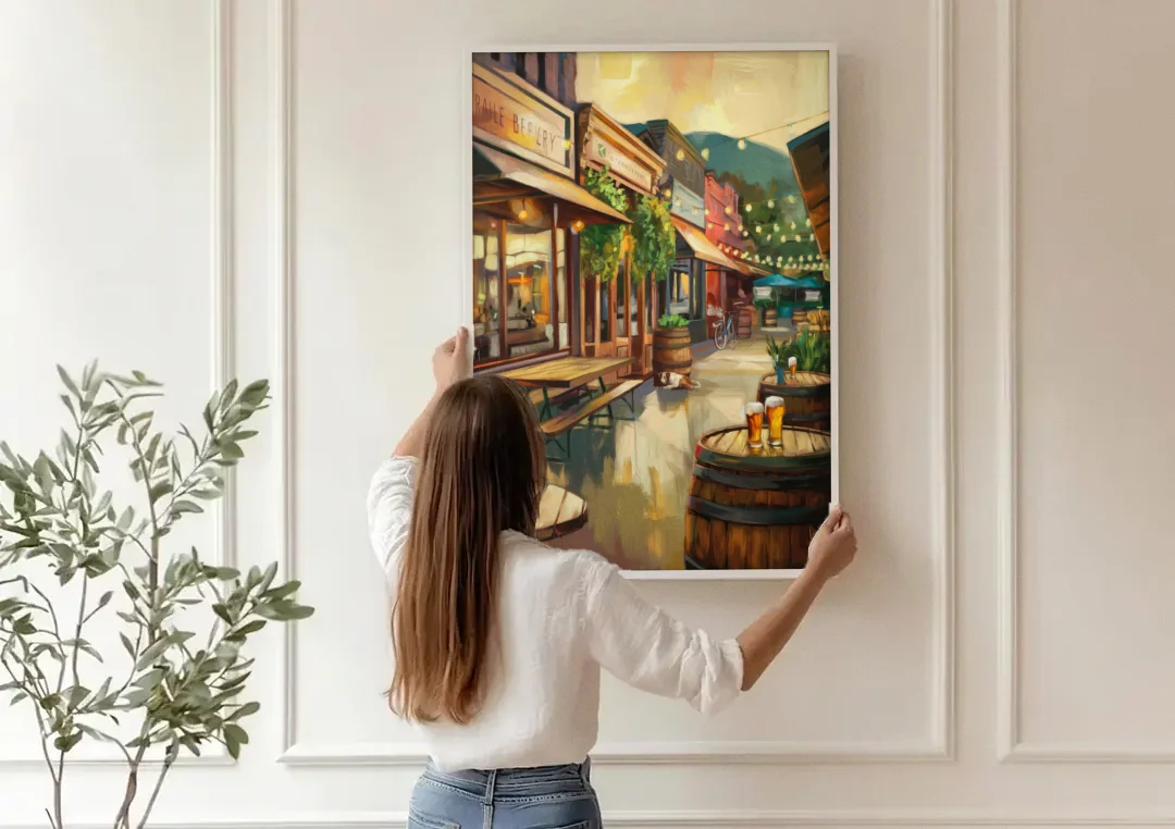 Asheville Local Brewery District canvas wall art being hung on a paneled wall