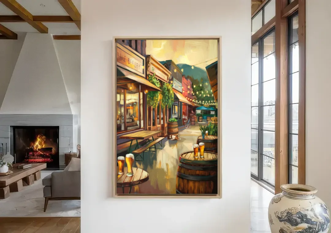 Asheville Local Brewery District canvas wall art in a living room with a fireplace