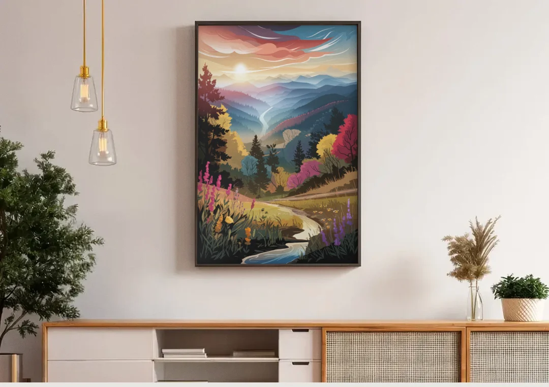 Asheville NC Scenic Overlook canvas wall art above a wooden sideboard under pendant lights