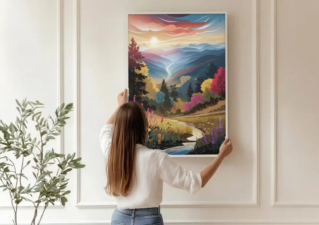 Asheville NC Scenic Overlook canvas wall art being hung on a paneled wall