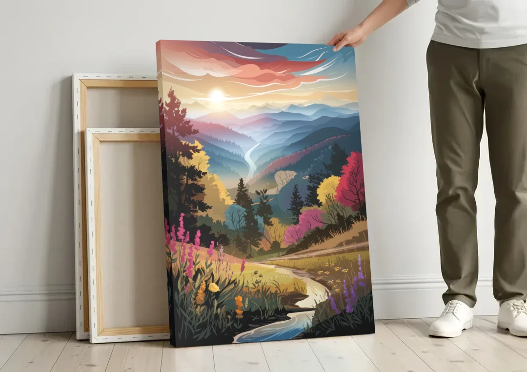 Asheville NC Scenic Overlook canvas wall art leaning against a wall next to blank canvases