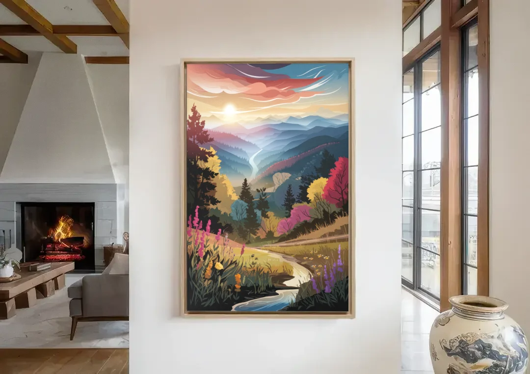 Asheville NC Scenic Overlook canvas wall art in a living room with a fireplace