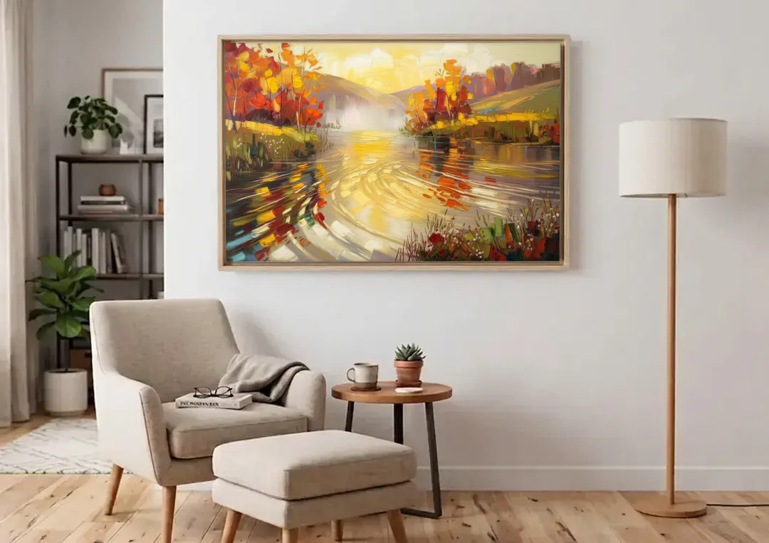 Asheville Riverfront Serenity canvas wall art above an armchair in a bright living room