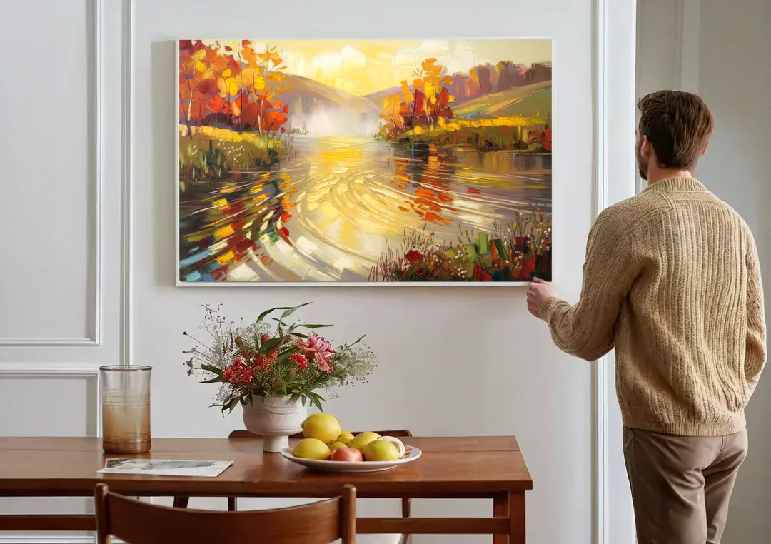 Asheville Riverfront Serenity canvas wall art above a dining table