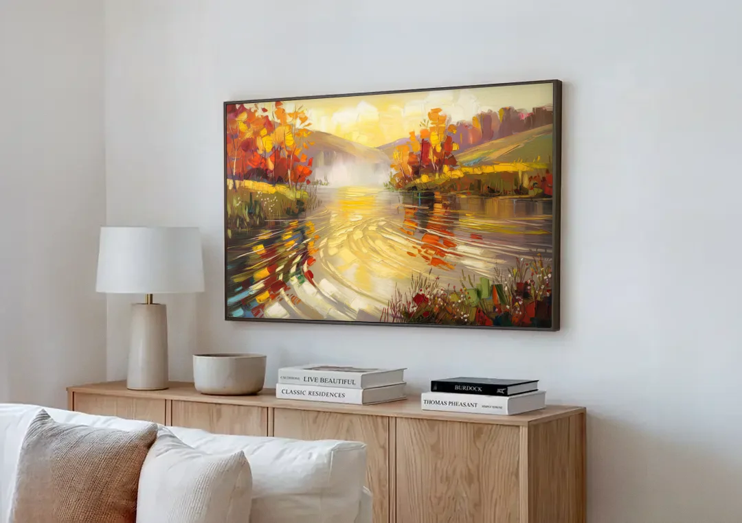 Asheville Riverfront Serenity canvas wall art above a wooden sideboard next to a sofa