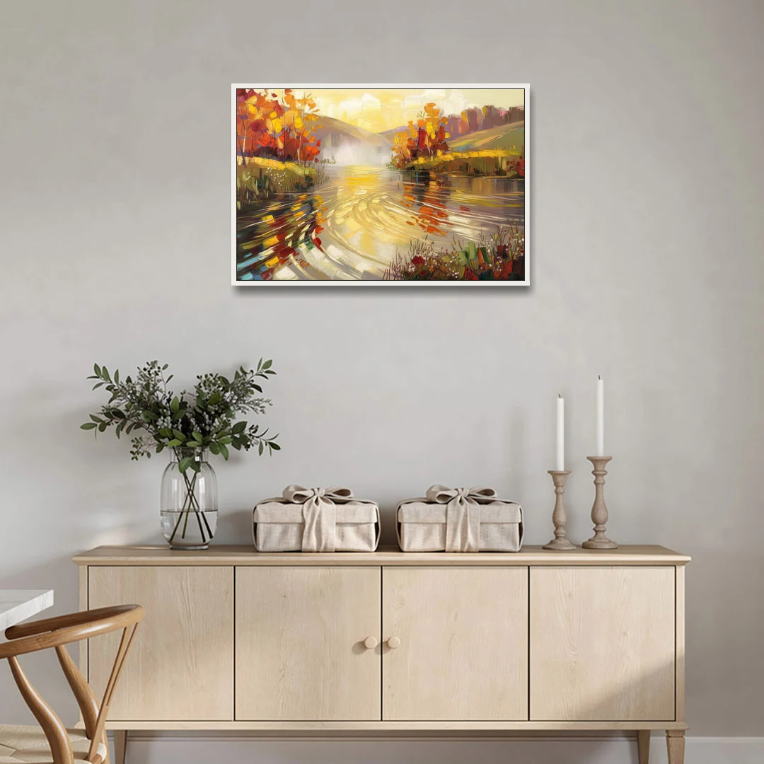 Asheville Riverfront Serenity - White Framed Canvas Wall Art - Coffee Table - 36x24